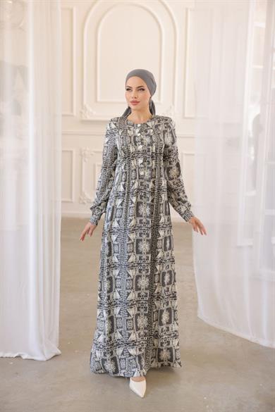 Gri Belmando Desenli Uzun Kollu Tesettür Elbise Fdl1889