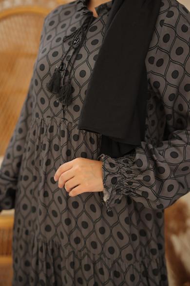 Gri Belmando Kumaş Parçalı Uzun Tesettür Elbise Fdl1895