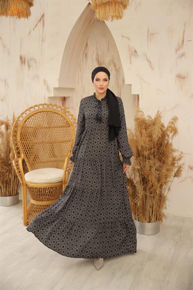 Gri Belmando Kumaş Parçalı Uzun Tesettür Elbise Fdl1895