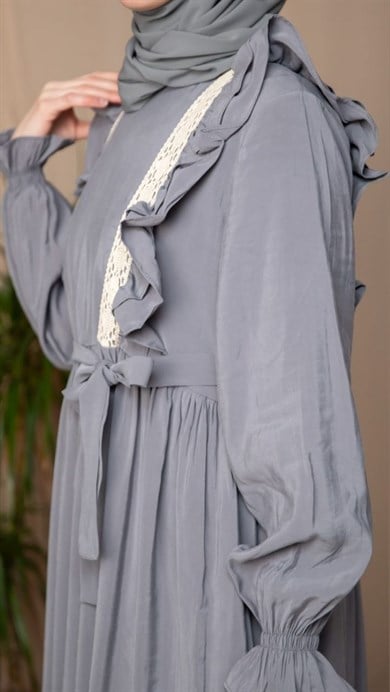 Gri Dantelli Fırfırlı Elbise 5142