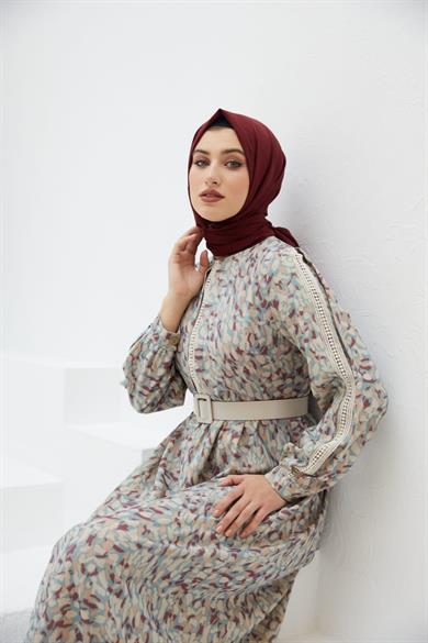 Gri Dokuma Kol Detaylı Uzun Tesettür Elbise Fdl1409