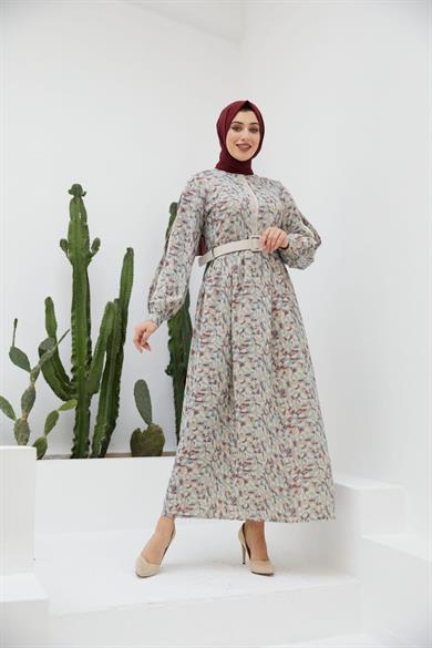 Gri Dokuma Kol Detaylı Uzun Tesettür Elbise Fdl1409