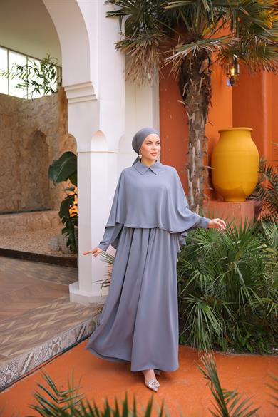 Gri Pelerinli Elbise 5084