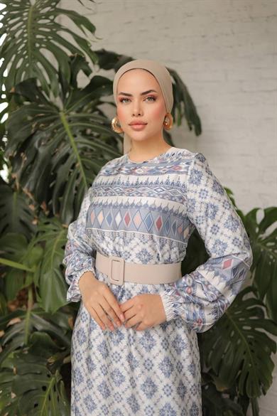 Gri Saten Baklava Desenli Uzun Tesettür Elbise Fdl1697