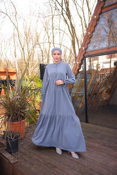 Gri Yarım Patlı 3 Katlı Tesettür Elbise 5078