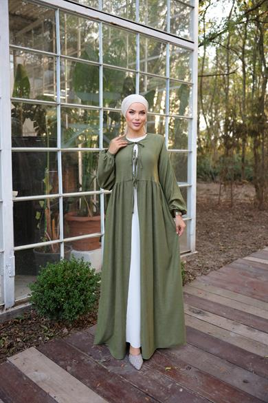 Haki Bel Büzgülü 3 Biyeli Tesettür Kimono 8024
