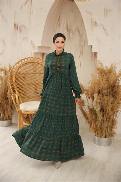 Haki Belmando Kumaş Parçalı Uzun Tesettür Elbise Fdl1895