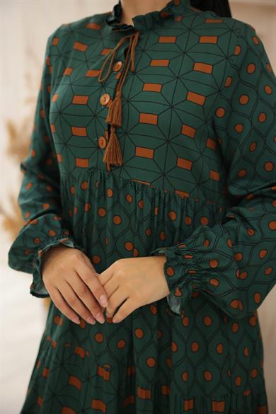 Haki Belmando Kumaş Parçalı Uzun Tesettür Elbise Fdl1895