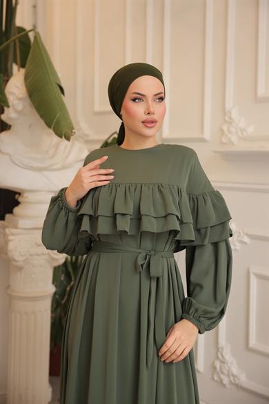 Haki Çift Fırfırlı Elbise 5068