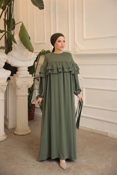 Haki Çift Fırfırlı Elbise 5068