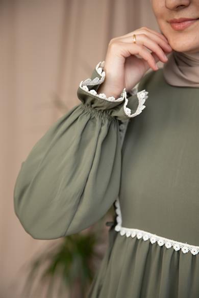 Haki Dantel Detaylı Elbise 5126