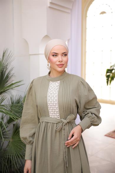 Haki Dantel ve Nervürlü Elbise 5087