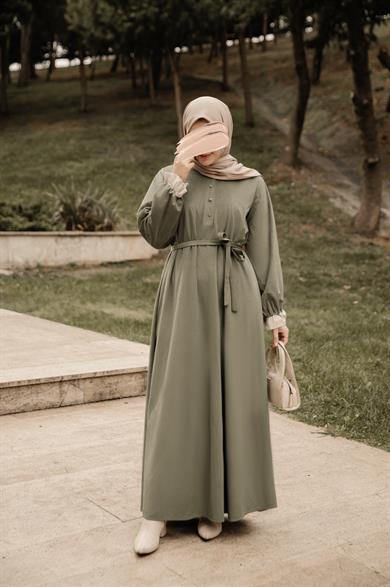 Haki Garnili Kadife Elbise Nsr 5112