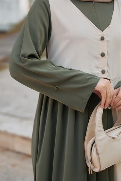 Haki Garnili Yelek Görünümlü Elbise 5120