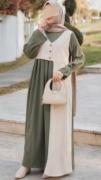 Haki Garnili Yelek Görünümlü Elbise 5120