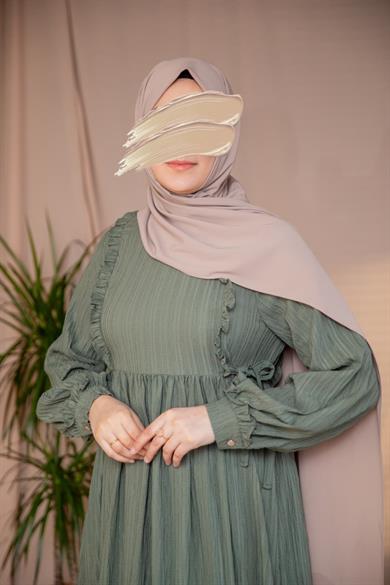 Haki Göğsü Fırfırlı Elbise 5131