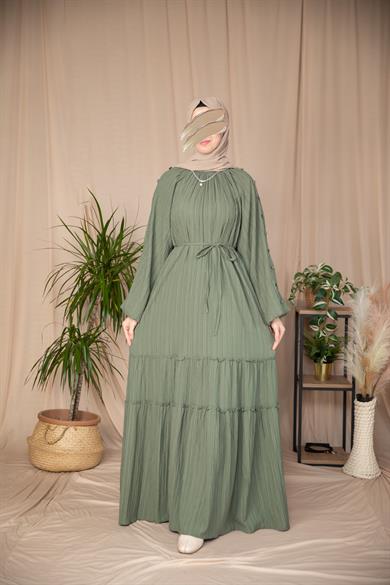 Haki Kolları Kaplama Düğmeli Elbise 5132