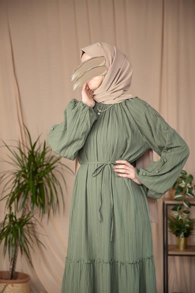 Haki Kolları Kaplama Düğmeli Elbise 5132