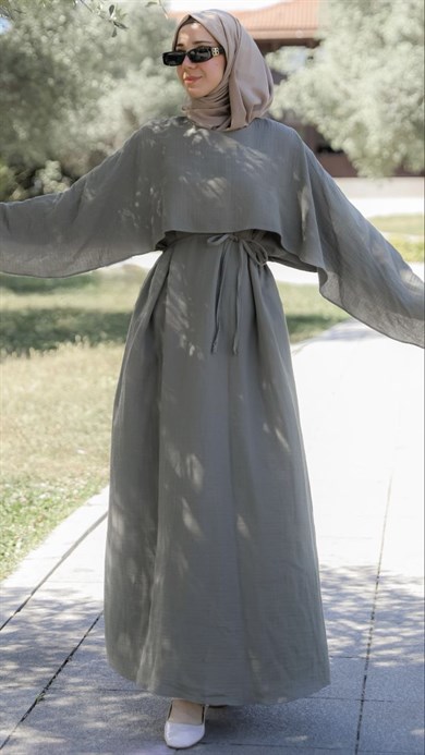 Haki Önü Pelerinli Oversize Elbise 5156