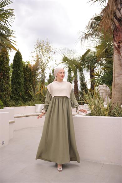 Haki Önlüklü Oversize Elbise 5095