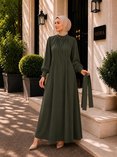 Haki Reglan Kol Kaplama Düğmeli Elbise 5152