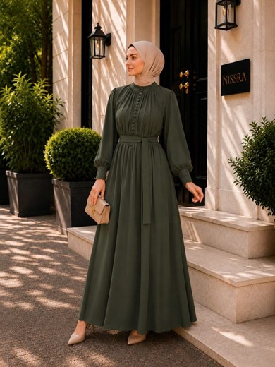 Haki Reglan Kol Kaplama Düğmeli Elbise 5152