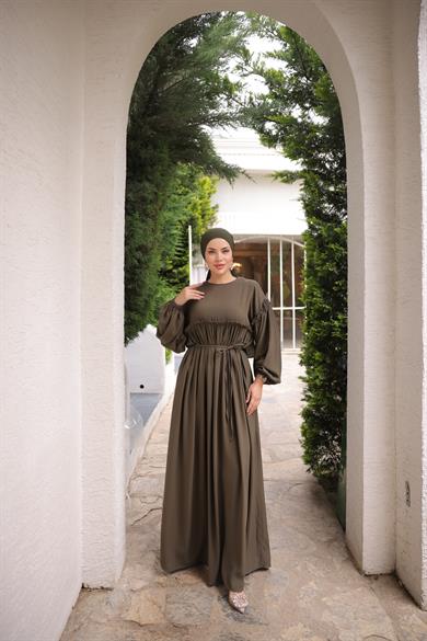 Haki Robalı Büzgülü Oversize Elbise 5093