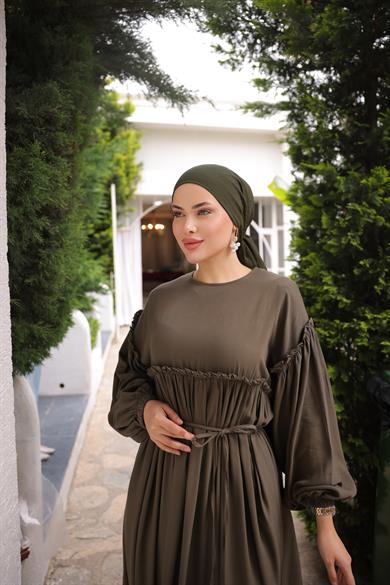 Haki Robalı Büzgülü Oversize Elbise 5093