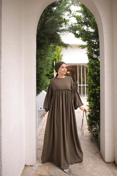 Haki Robalı Büzgülü Oversize Elbise 5093