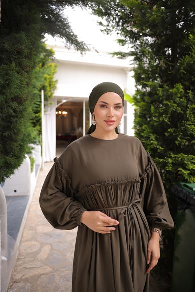 Haki Robalı Büzgülü Oversize Elbise 5093