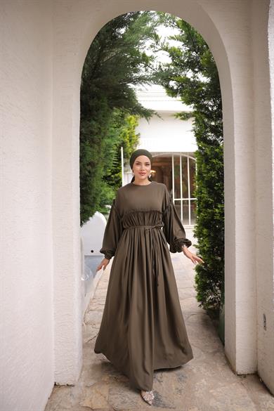 Haki Robalı Büzgülü Oversize Elbise 5093