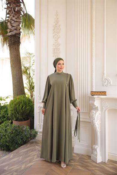 Haki Yandan Kaplama Düğmeli Elbise 5086