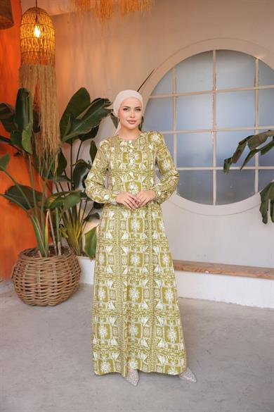 Hardal Belmando Desenli Uzun Kollu Tesettür Elbise Fdl1889