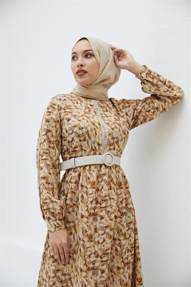 Hardal Dokuma Kol Detaylı Uzun Tesettür Elbise Fdl1409