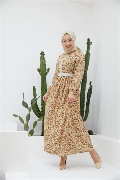Hardal Dokuma Kol Detaylı Uzun Tesettür Elbise Fdl1409