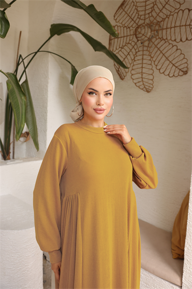 Hardal Yandan Büzgülü Örme Elbise 8063