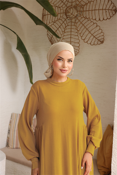 Hardal Yandan Büzgülü Örme Elbise 8063