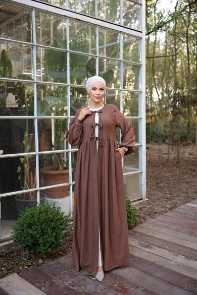 Kahverengi Bel Büzgülü 3 Biyeli Tesettür Kimono 8024