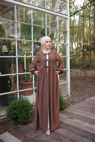 Kahverengi Bel Büzgülü 3 Biyeli Tesettür Kimono 8024
