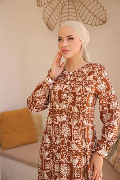 Kahverengi Belmando Desenli Uzun Kollu Tesettür Elbise Fdl1889