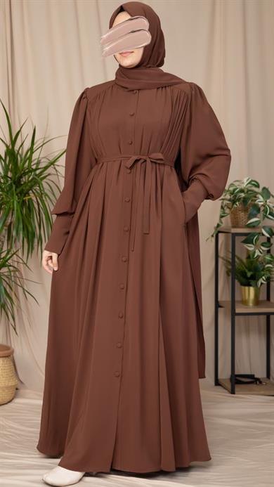 Kahverengi Boydan Kaplama Düğmeli Ferace 5130