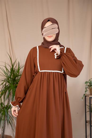 Kahverengi Dantel Detaylı Elbise 5126