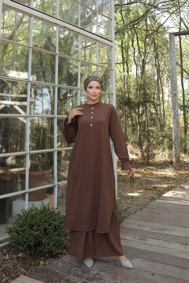 Kahverengi Düğme Detaylı Örme Pantolon Takım 6020