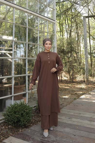 Kahverengi Düğme Detaylı Örme Pantolon Takım 6020