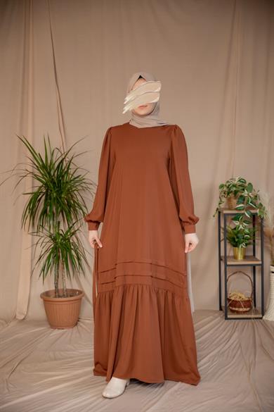 Kahverengi Eteği Nervürlü Elbise 5124