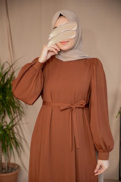 Kahverengi Eteği Nervürlü Elbise 5124