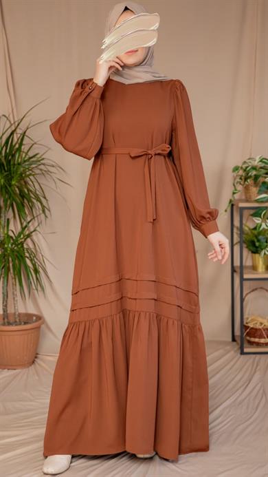 Kahverengi Eteği Nervürlü Elbise 5124