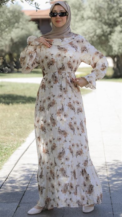 Kahverengi Çiçekli Müslin Elbise 5155