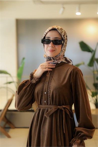 Kahverengi NSR 5163 YARIM PAT DANTELLİ ELBİSE