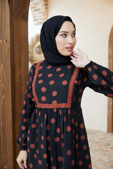 Kahverengi Puantiyeli Keten Uzun Tesettür Elbise Fdl1405